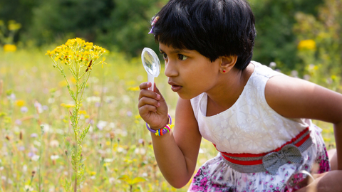Girl looking at caterpillar