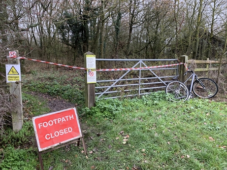 A footpath at BBOWT's Calvert Jubilee nature reserve closed by HS2 workers in December 2019.