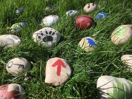 Story stones in grass by Charlotte Evetts