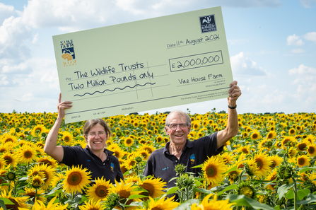Nicholas Watts and his daughter Lucy Taylor, who run Vine House Farm in Lincolnshire, with a giant cheque to celebrate raising £2 million for The Wildlife Trusts, in the 14 years up to 2021, by donating profits from sales of their birdseed. They are pictured in a field of sunflowers, the seeds of which are a major part of their birdseed mix. Picture: Matthew Roberts