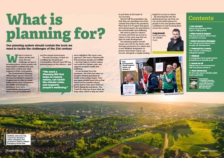 The first two pages of The Wildlife Trusts' October 2021 report, Planning – a new way forward: how the planning system can help our health, nature and climate.
