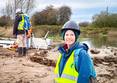 BBOWT Living Landscape Manager for the Upper Thames Lisa Lane at the construction of the new fish bypass channel at Chimney Meadows. 