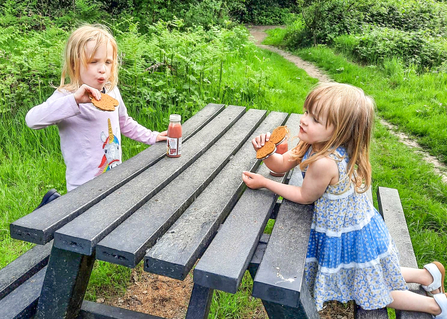 Sisters Stephanie and Rebecca Godwin have a picnic at Wildmoor Heath nature reserve with their mum Sarah as part of their 30 Days Wild activities in 2021. Picture: Sarah Godwin