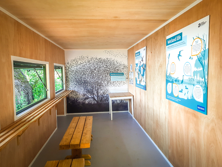 Educational displays inside the lakeside bird hide at the Nature Discovery Centre