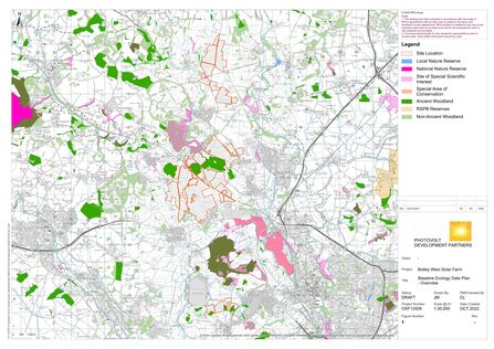 Map showing the proposed site of Botley West Solar Farm in relation to ancient woodland