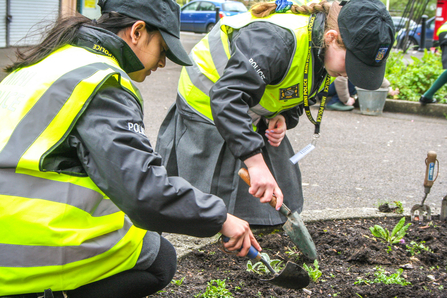Pupils from Southcote Primary School in Reading help plant flowers in Coronation Square as part of BBOWT's Nextdoor Nature project.