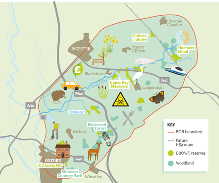 A map showing the threats and opportunities for nature and people in the Bernwood, Otmoor and Ray landscape.
