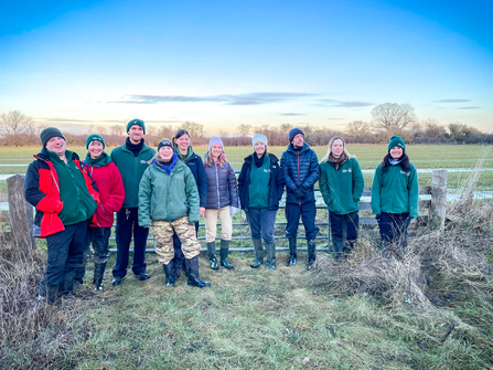 Staff and volunteers at the annual brown hairstreak butterfly egg count at Leaches Farm in January 2024