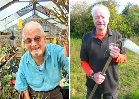 Two photos of men smiling at the camera: one in a greenhouse, holding up a potted plant; the other holding a scythe in an outdoor wooded location.