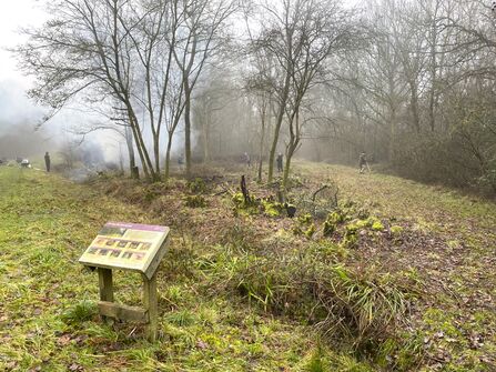 A woodland clearing in winter, with volunteers seen in the background. In the foreground is an interpretation board.