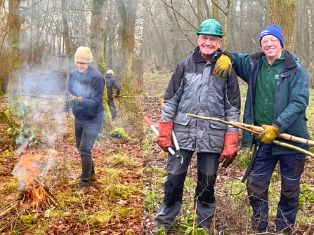 Two images of woodland workers. One features two people smiling at the camera, holding tools as one person leans on the other. The second image features a person stood by a small fire.