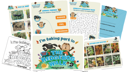 The Hedgehog Walk digital downloadable materials including poo ID sheet, leaf spotter, a colouring sheet and poster, a maze puzzle, an animal match puzzle and a certificate