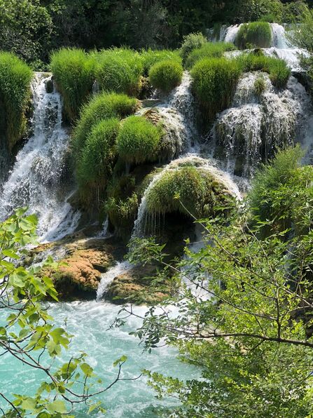 Waterfall over rocks covered in lush green grass