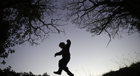 Young boy silhouetted at dusk playing on edge of woodland