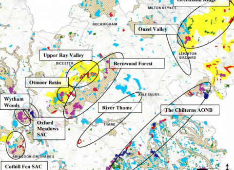 Map showing priority habitats on the OxCam Expressway corridors