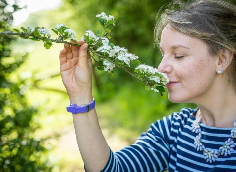 Woman smelling blossom