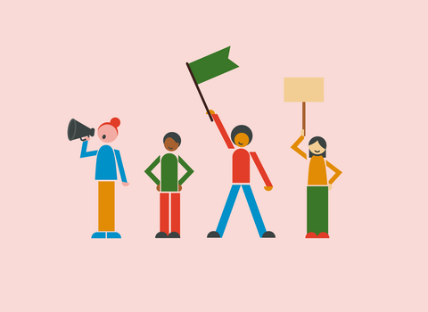 Graphic illustration of four people - one is holding a megaphone and two are holding signs, as if they are trying to communicate something