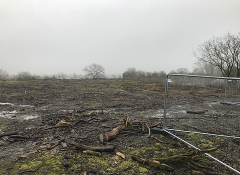 Vegetation clearance by HS2 Ltd at land which was previously part of BBOWT's Calvert Jubilee reserve but was commandeered by the construction firm. Picture: Mark Vallance