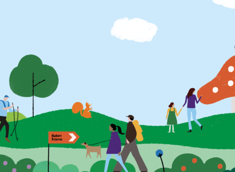 Illustration of a nature reserve showing wildlife and people outdoors to promote the BBOWT Big Wild Walk
