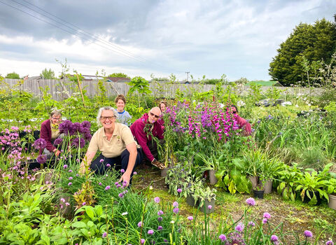 Katie Horgan from BBOWT with staff from Lindengate charity and some of the 700 plants from BBOWT's Wilder Spaces garden at RHS Malvern Spring Festival