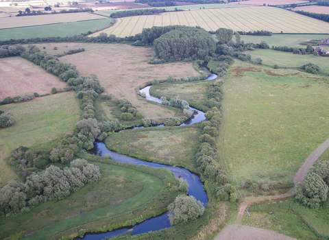 Aerial view of Duxford Old River and Chimney Meadows Nature Reserve
