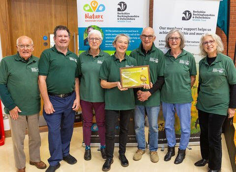Seven people wearing green BBOWT shirts and proudly holding their framed award.