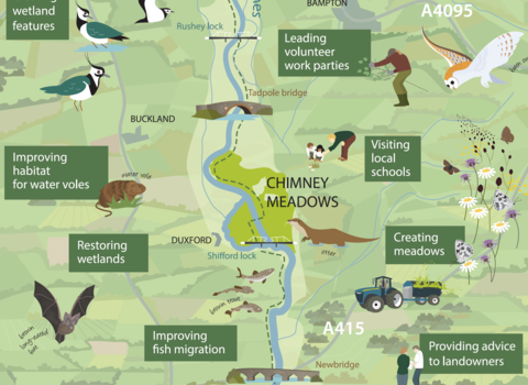 Illustrated map of the Upper Thames Living Landscape showing conservation activities for people and wildlife